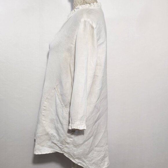Cynthia Rowley Women's Size M White Linen 3/4 Sleeve Ruffle V-Neck Pockets Top - Picture 9 of 15